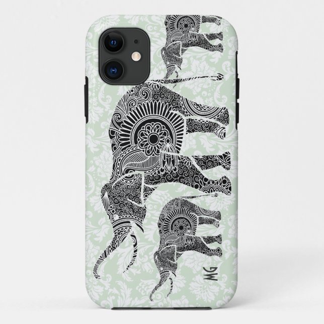 Capa Para iPhone 11 Elefante Floral Preto e Pastel Pastel Monograma (Verso)