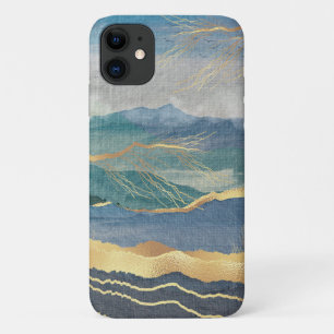 Capa Para iPhone 11 Elegante Arte Azul de Paisagem Dourada
