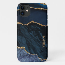 Capa Para iPhone 11 Elegante Chic Azul Marinho Mármore Ágata Dourada P