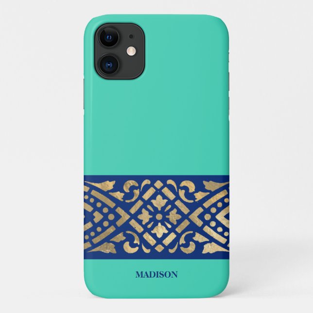 Capa Para iPhone 11 Elegante Chic Biscay Verde Menta Azul Dourado Pers (Verso)
