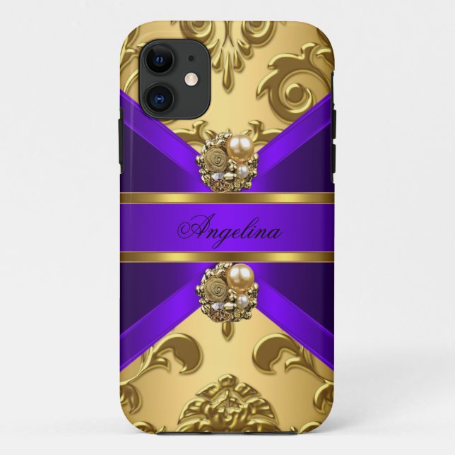 Capa Para iPhone 11 Elegante Clássico Dourado Damask Roxo (Verso)