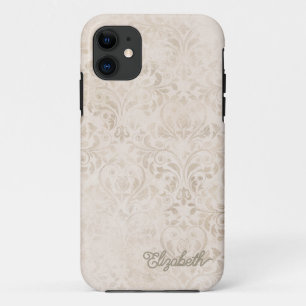 Capa Para iPhone 11 Elegante Design de Damasco Vintage em Marfim e Beg