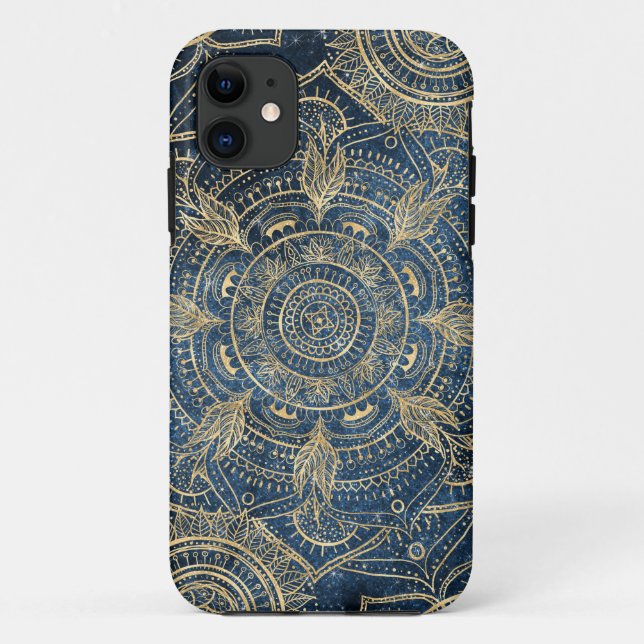 Capa Para iPhone 11 Elegante Dourado Mandala Blue Whimsy Design (Verso)