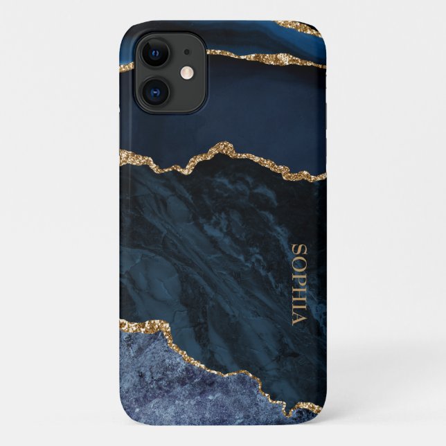 Capa Para iPhone 11 Elegante Marinho Chic Azul Dourado Agate Personali (Verso)