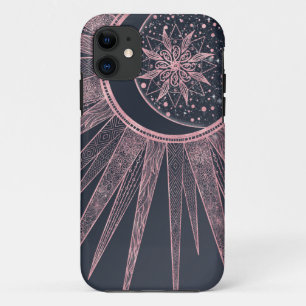 Capa Para iPhone 11 Elegante Rosa Dourado Doodles Sun Moon Mandala Des