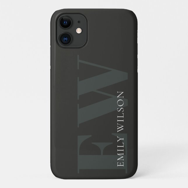 Capa Para iPhone 11 Elegante Rustic Dark Dusky Green - Monograma Preto (Verso)
