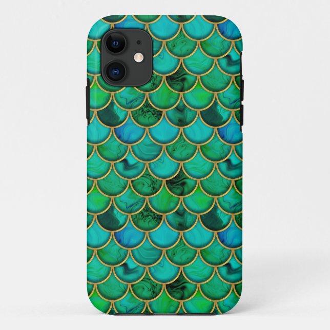 Capa Para iPhone 11 Escalas verdes 3d com ouro (Verso)