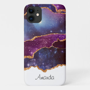 Capa Para iPhone 11 Espaço Azul e Roxo e Estrelas com Faixa Dourada