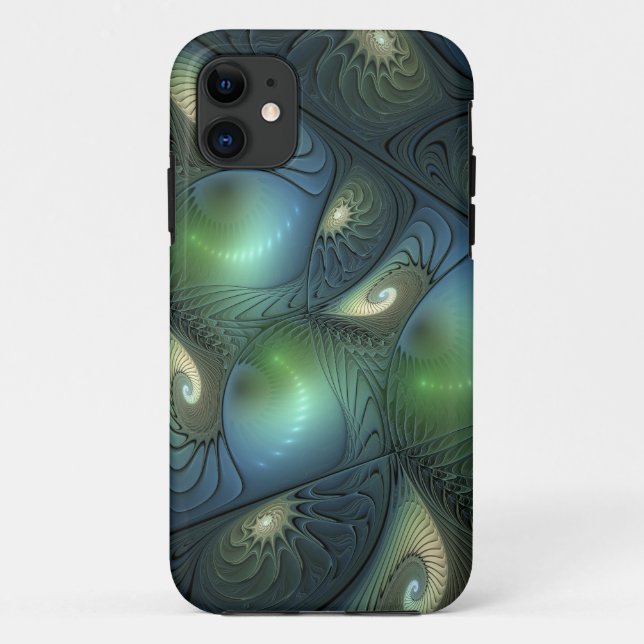 Capa Para iPhone 11 Espirais Teal Beige Verde Abstrato Fractal (Verso)