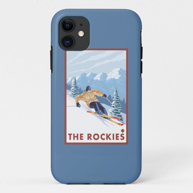 Capa Para iPhone 11 Esquiador da neve de Downhhill - as Montanhas (Verso)