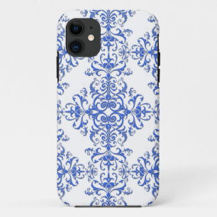 Capa Para iPhone 11 Estilo Floral Branco e Azul Cobalto Elegante
