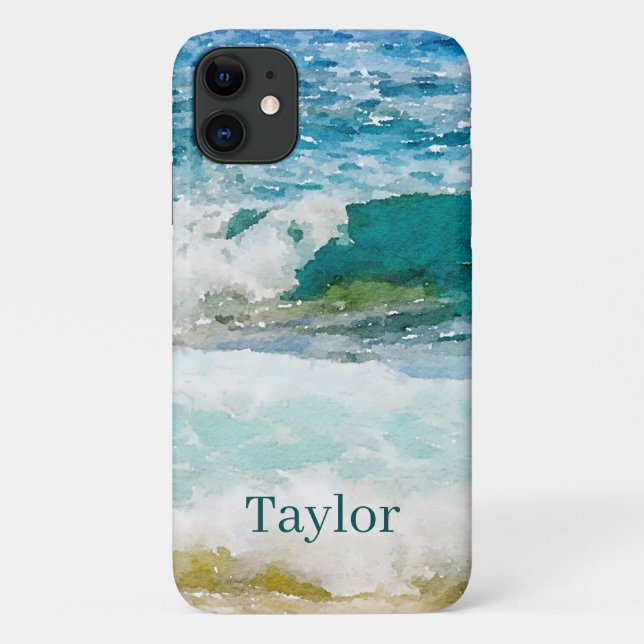 Capa Para iPhone 11 Estojo de iPhone Watercolor Ocean Monogrammed Case (Verso)