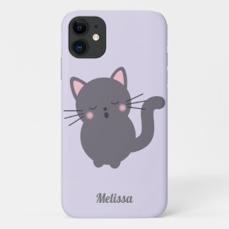 Capa Para iPhone 11 Estojo de Telefone Roxo de Gato Cinza Sonolento