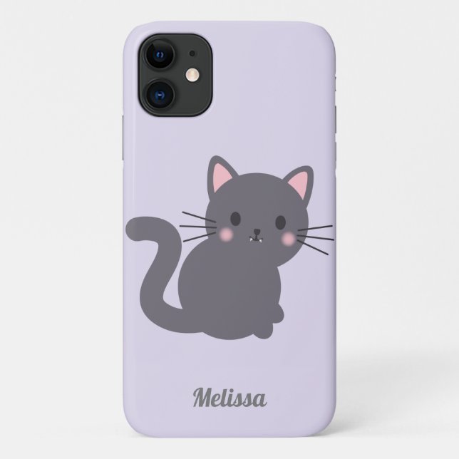 Capa Para iPhone 11 Estojo de Telefone Roxo Gato Cinza Kawaii (Verso)