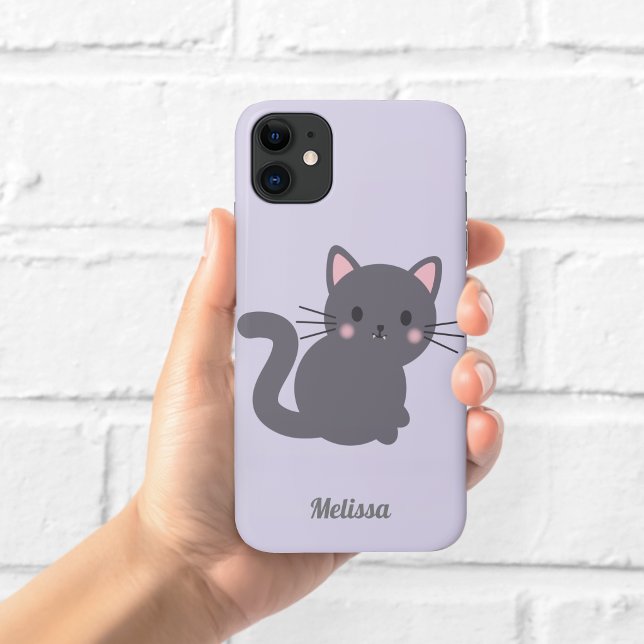 Capa Para iPhone 11 Estojo de Telefone Roxo Gato Cinza Kawaii (Criador carregado)