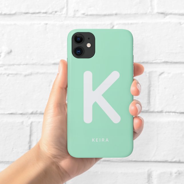 Capa Para iPhone 11 Estojo de Telefone Verde Menta Monograma (Criador carregado)