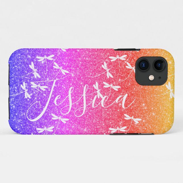 Capa Para iPhone 11 Estojo personalizado Glitter e dragonflies Case-Ma (Verso (horizontal))