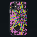 Capa Para iPhone 11 Estrela Rosa<br><div class="desc">Um aqua empoeirado e fundo preto-e-rosa malhado é o pano de fundo perfeito para uma estrela fuchsia,  aqua e amarela.</div>