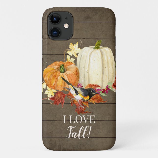 Capa Para iPhone 11 Eu Adoro A Queda Deixar O Pássaro Pumpkins Madeira (Verso)