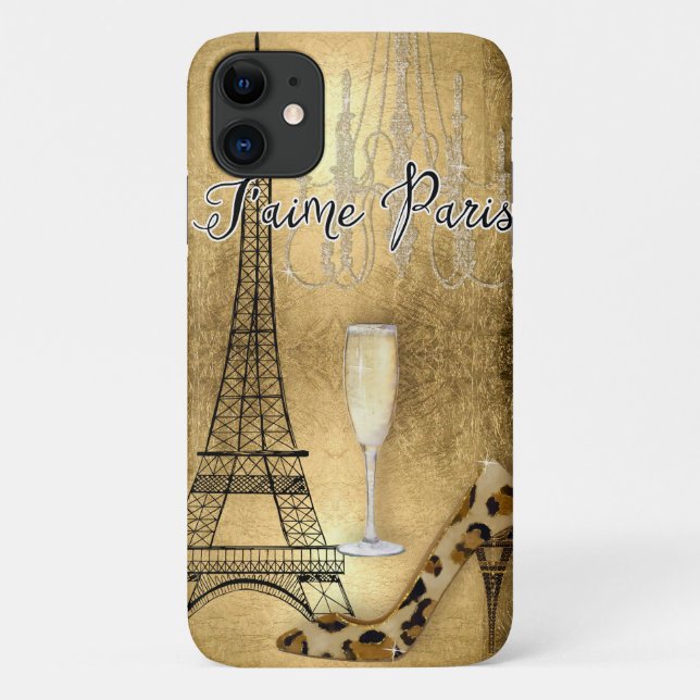 Capa Para iPhone 11 Eu Amo Calçados Dourados de Moda Torre Eiffel em P (Verso)