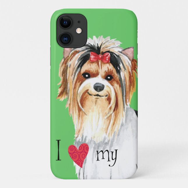 Capa Para iPhone 11 Eu amo meu Biewer Terrier (Verso)