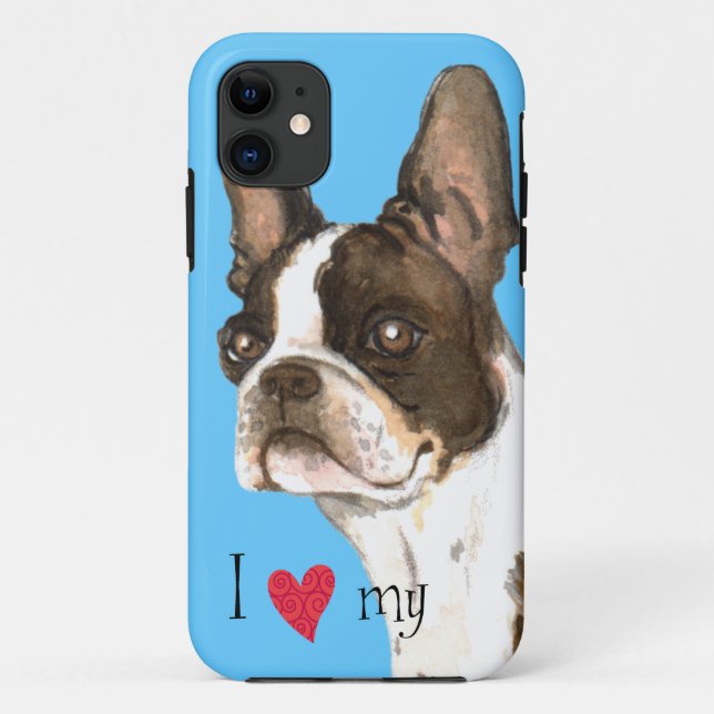 Capa Para iPhone 11 Eu amo meu Boston Terrier (Verso)