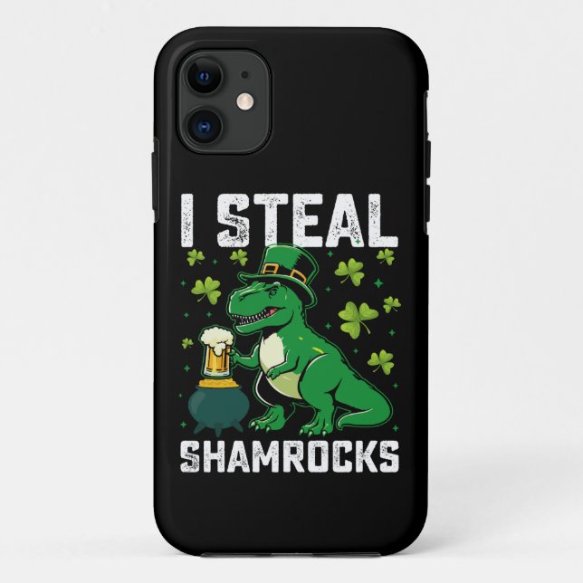 Capa Para iPhone 11 Eu Roubo Shamrocks T Rex Dinossaur Dia de São Patr (Verso)