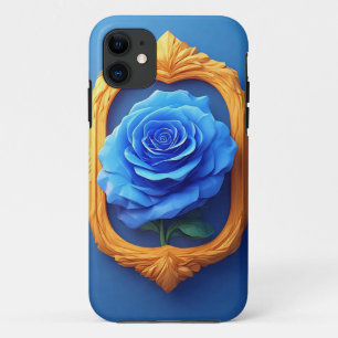 Capa Para iPhone 11 Exposição de Rosa Azul Elegante em Moldura Dourada