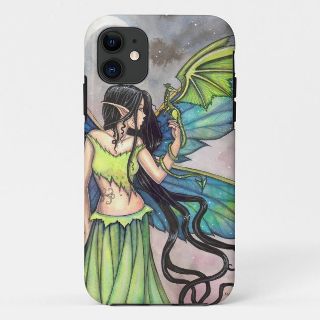 Capa Para iPhone 11 Fada Verde e Arte Fantasia de Dragão (Verso)