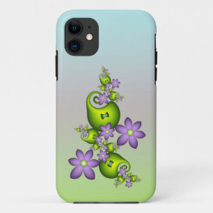 Capa Para iPhone 11 Fantasia Floral Flores Lilás Formas Verdes Fractal