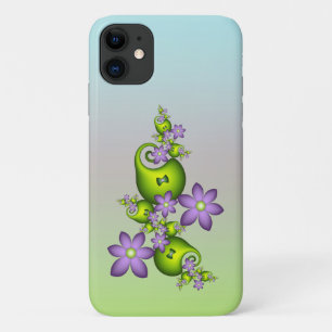 Capa Para iPhone 11 Fantasia Floral Flores Lilás Formas Verdes Fractal
