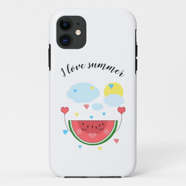 Capa Para iPhone 11 Fatia de melancia, texto, "Eu amo o verão" (Verso)