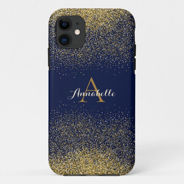 Capa Para iPhone 11 Faux Glitter Dourado Monograma (Verso)