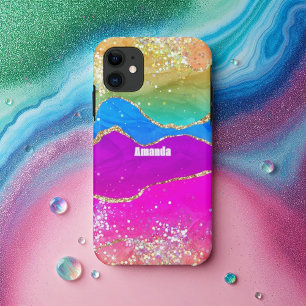 Capa Para iPhone 11 Faux Glitter Rainbow Agate