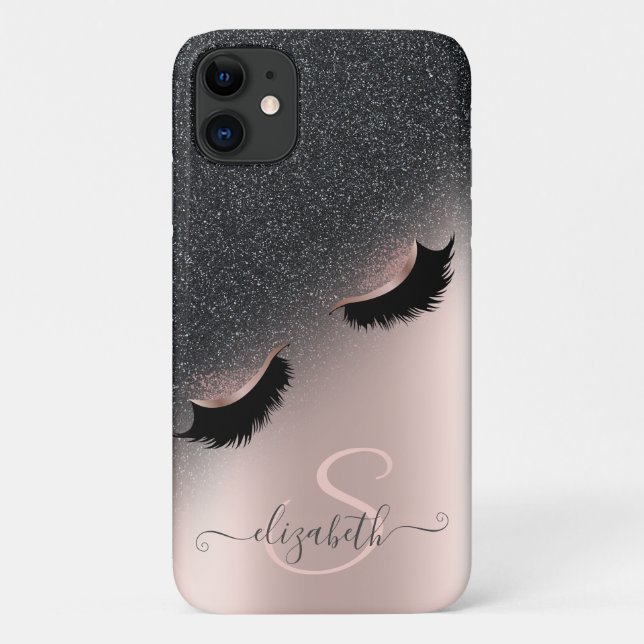 Capa Para iPhone 11 Faux Lashes Black Glitter Ombre Rosa Dourado (Verso)