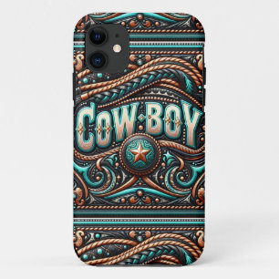 Capa Para iPhone 11 Faux Toa Couro Turquesa Brown Cowboy