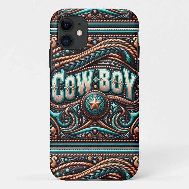Capa Para iPhone 11 Faux Toa Couro Turquesa Brown Cowboy (Verso)