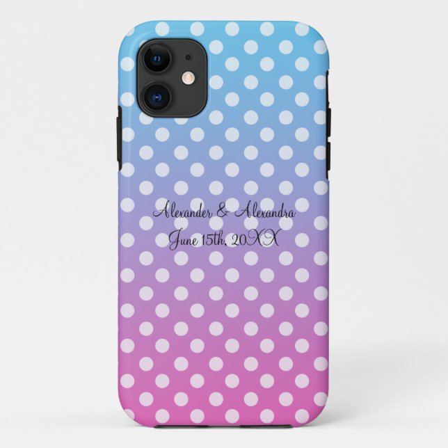 Capa Para iPhone 11 Favoritos de casamento de bolinhas azuis e rosadas (Verso)