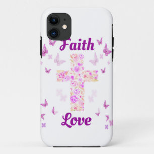 Capa Para iPhone 11 Fé e Amor Cruz de Rosas com Butterflie Rosa