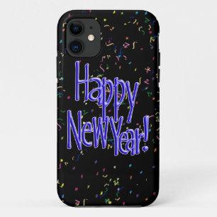Capa Para iPhone 11 Feliz ano novo - Texto Azul sobre Confetti Preto