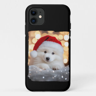 Capa Para iPhone 11 Feliz Natal Samoyed Puppy Dog com Papai Noel