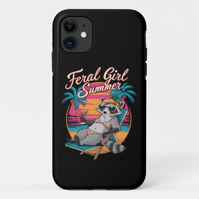 Capa Para iPhone 11 Feral Girl Summer Beach Funny Raccoon (Verso)