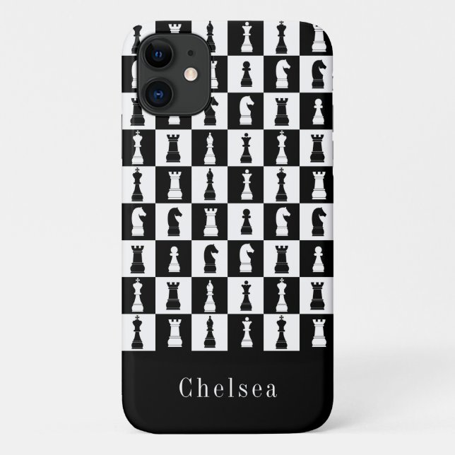 Capa Para iPhone 11 Figuras de Xadrez Preto e Branco Nome (Verso)