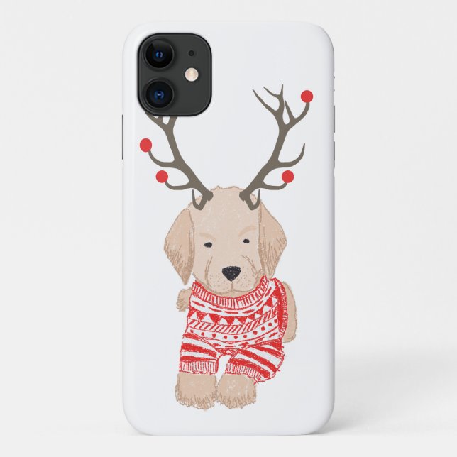 Capa Para iPhone 11 Filhote de Retriever Dourado Fofo Rena de Natal (Verso)