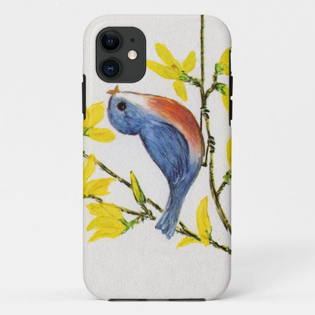 Capa Para iPhone 11 Filiação de Árvore de Pássaro Azul Cantando em Bon (Verso)