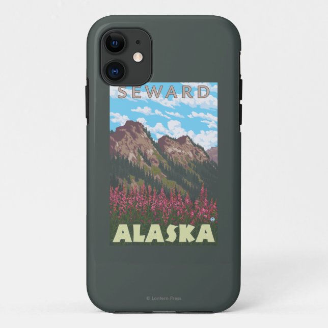 Capa Para iPhone 11 Fireweed & montanhas - Seward, Alaska (Verso)