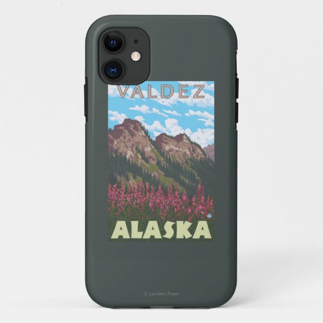 Capa Para iPhone 11 Fireweed & montanhas - Valdez, Alaska (Verso)