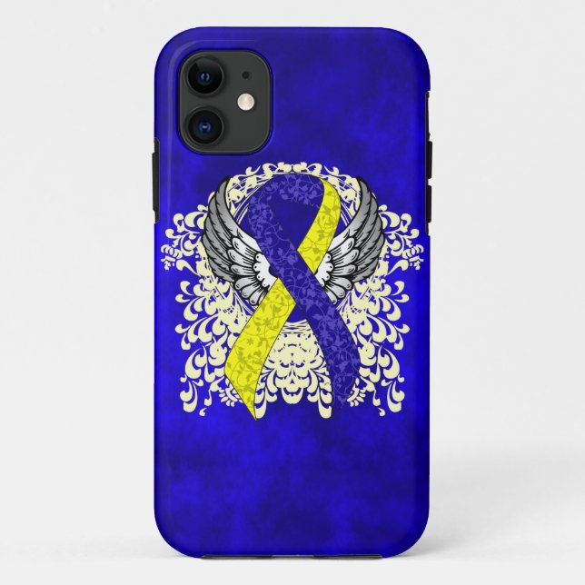 Capa Para iPhone 11 Fita de Consciência Azul e Amarelo com Asas (Verso)