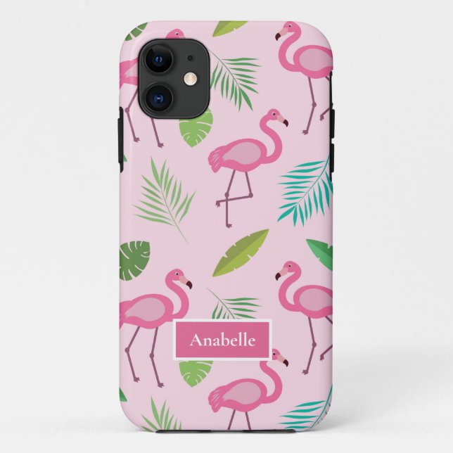 Capa Para iPhone 11 Flamingo rosa e folhas tropicais Nome Personalizad (Verso)