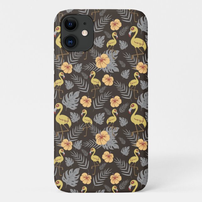 Capa Para iPhone 11 Flamingo sem costura, com flores e folhas (Verso)
